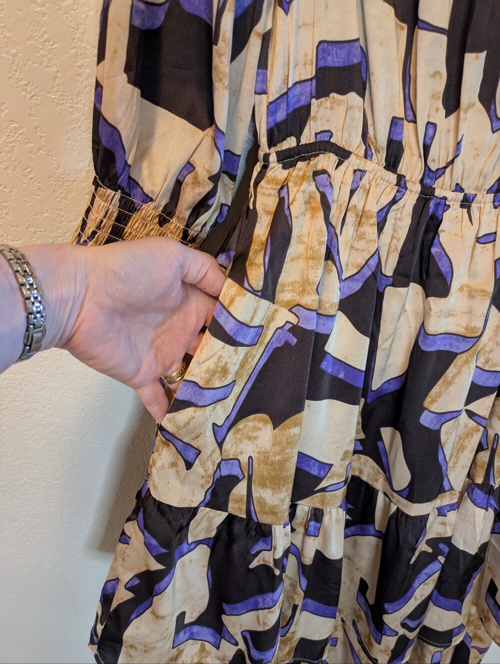Melloday Abstract Print Tiered Midi Dress in Beige and Purple - Picture 12 of 13
